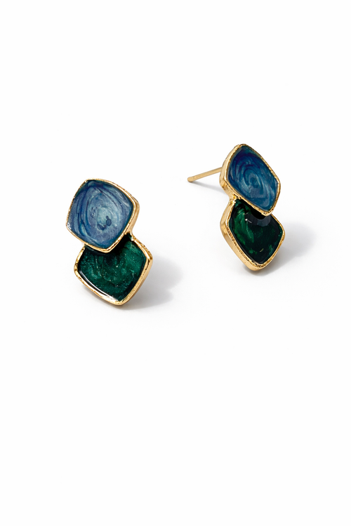 Blue Green Dual Stone Stud Earrings MYMER0013