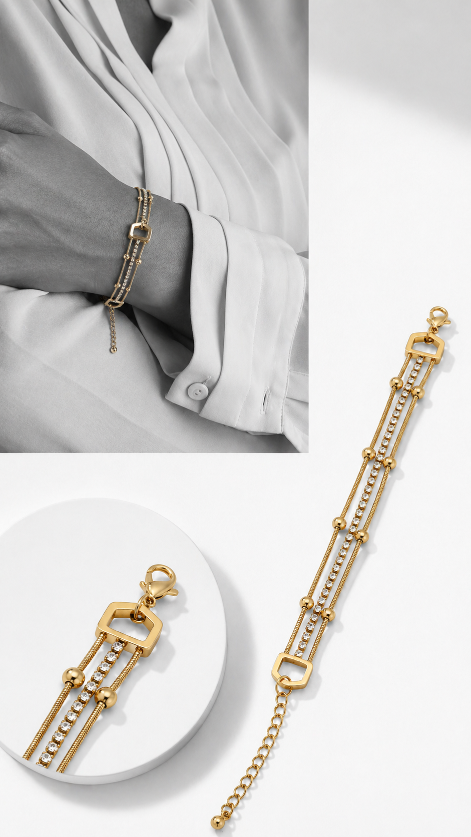 Gold Triple Chain Crystal Adjustable Bracelet for Women MYMBL0009