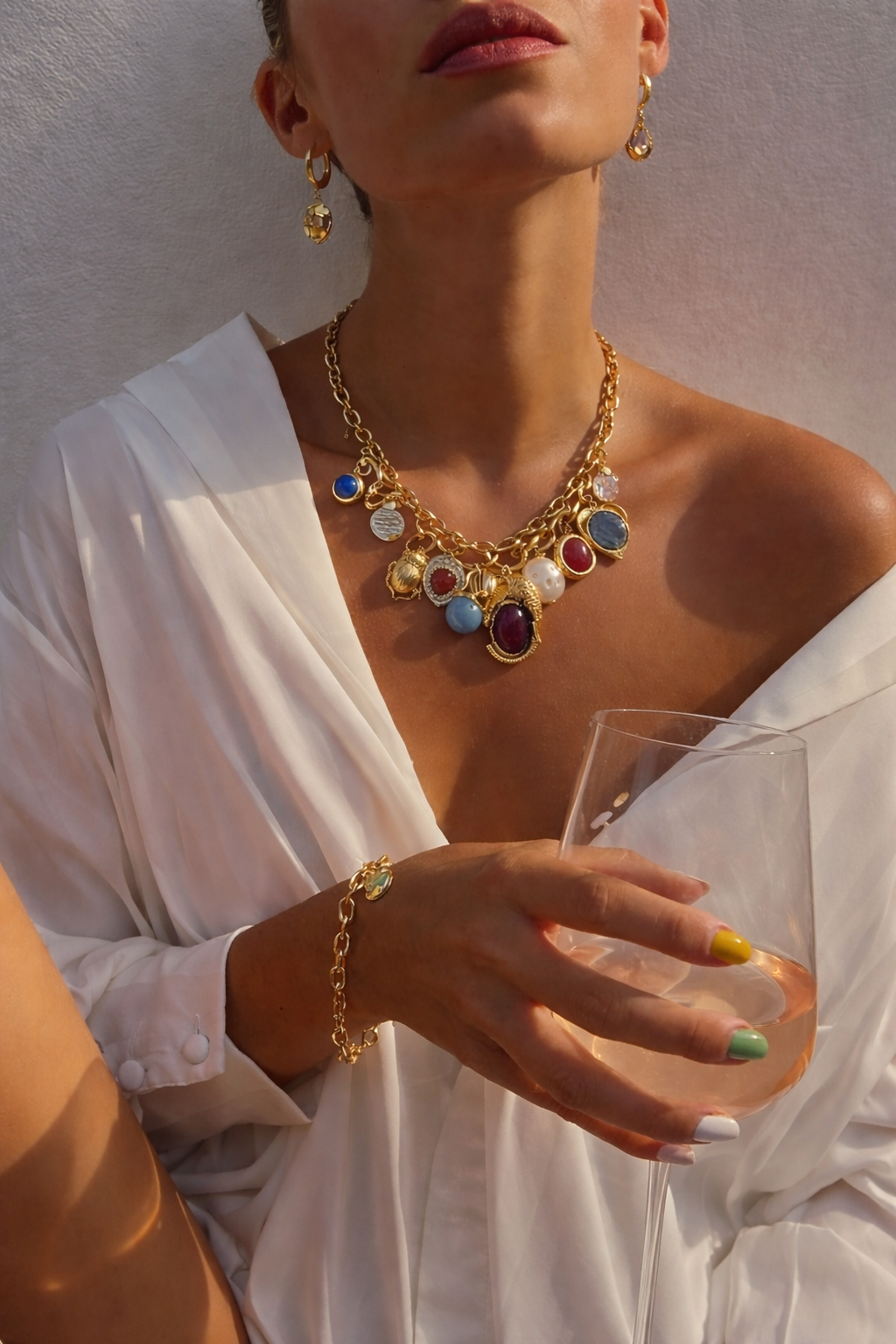 Gold Charm Multicolor Stone Necklace MYMNL0013