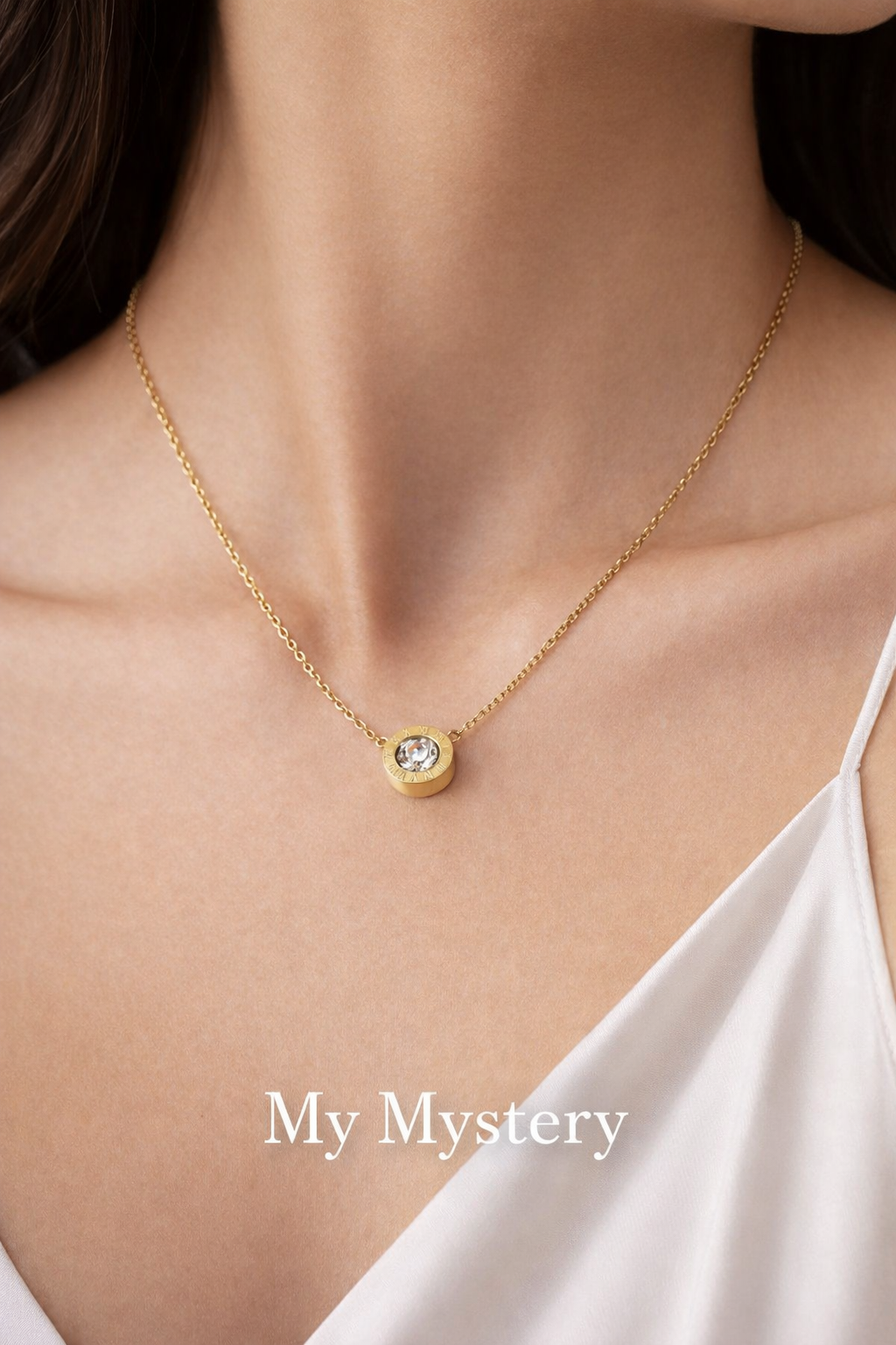 Gold Roman Numeral Crystal Pendant Necklace MYMNL0010